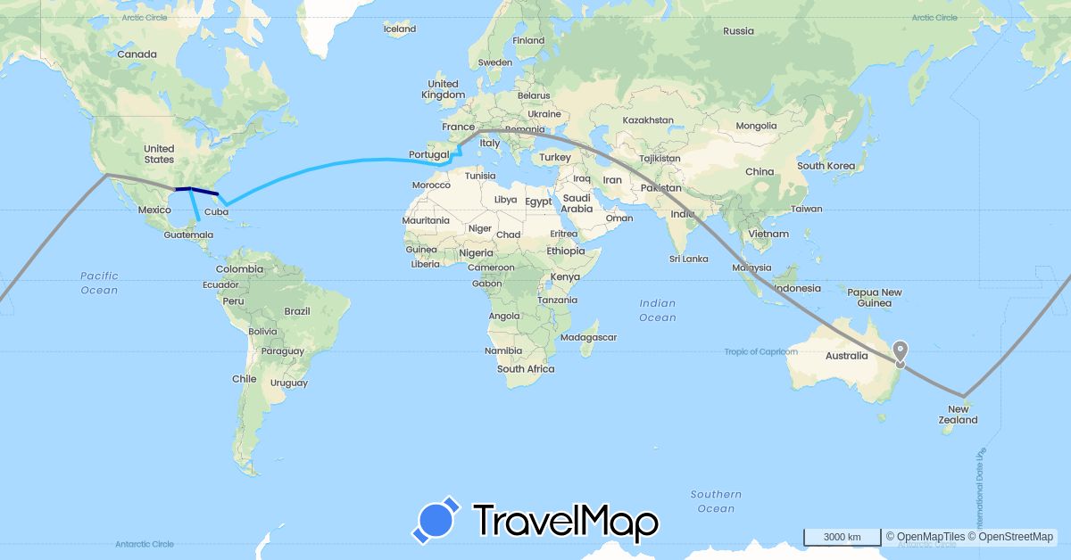 TravelMap itinerary: driving, plane, boat in Australia, Bahamas, Spain, Italy, Mexico, New Zealand, Singapore, United States (Asia, Europe, North America, Oceania)