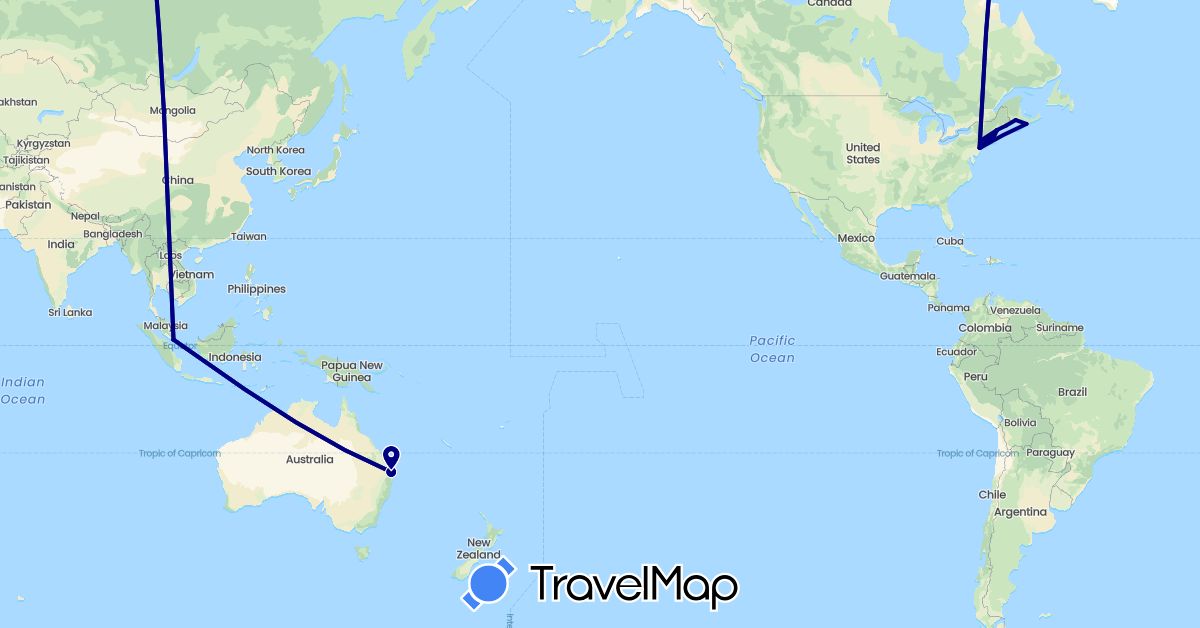TravelMap itinerary: driving in Australia, Canada, Singapore, United States (Asia, North America, Oceania)