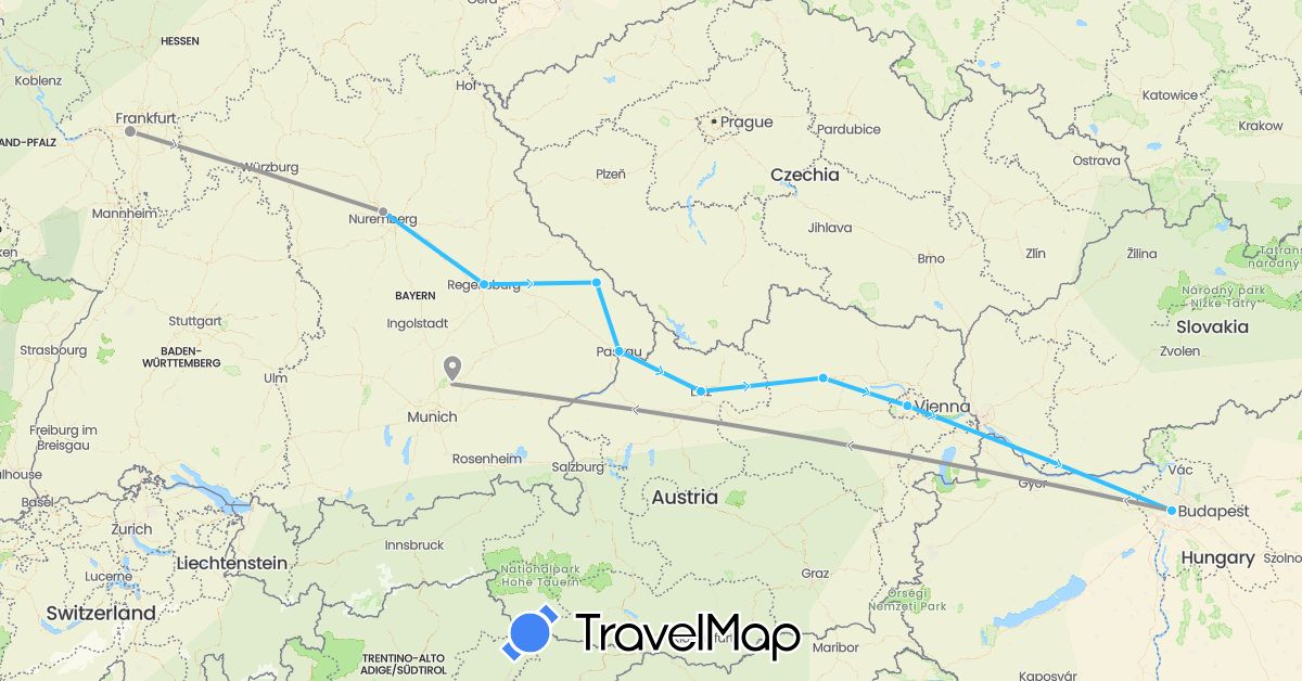 TravelMap itinerary: plane, boat in Austria, Germany, Hungary (Europe)